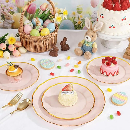 supernal 60pcs Pink and Gold Plastic Plates Fancy Elegant Disposable Scalloped Plastic Plates Heavy Duty Disposable Dinnerware Set for Parties, Bridal Shower,Weddings & Birthdays