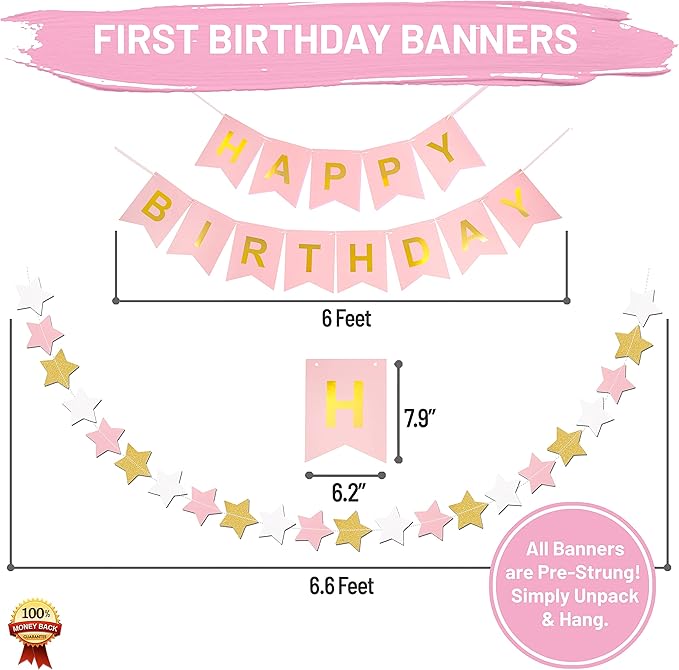 First Birthday Decorations for Girl | 1st Baby Girl Number 1 Balloon, Happy Birthday Banner, “One” Cake Topper, Star Garland, Marble Pink, Gold Confetti, Heart Balloons, Paper Tassels | PartyHooman
