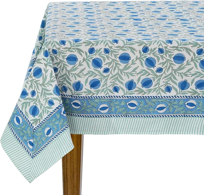 Ridhi Queen Blue Hand Block Print Cotton Rectangle Tablecloth 108 x 70 inches Reusable Table Cover Decorative Everyday Use for Dining Room, Farmhouse, Home, Party, Festive & Wedding, Fall