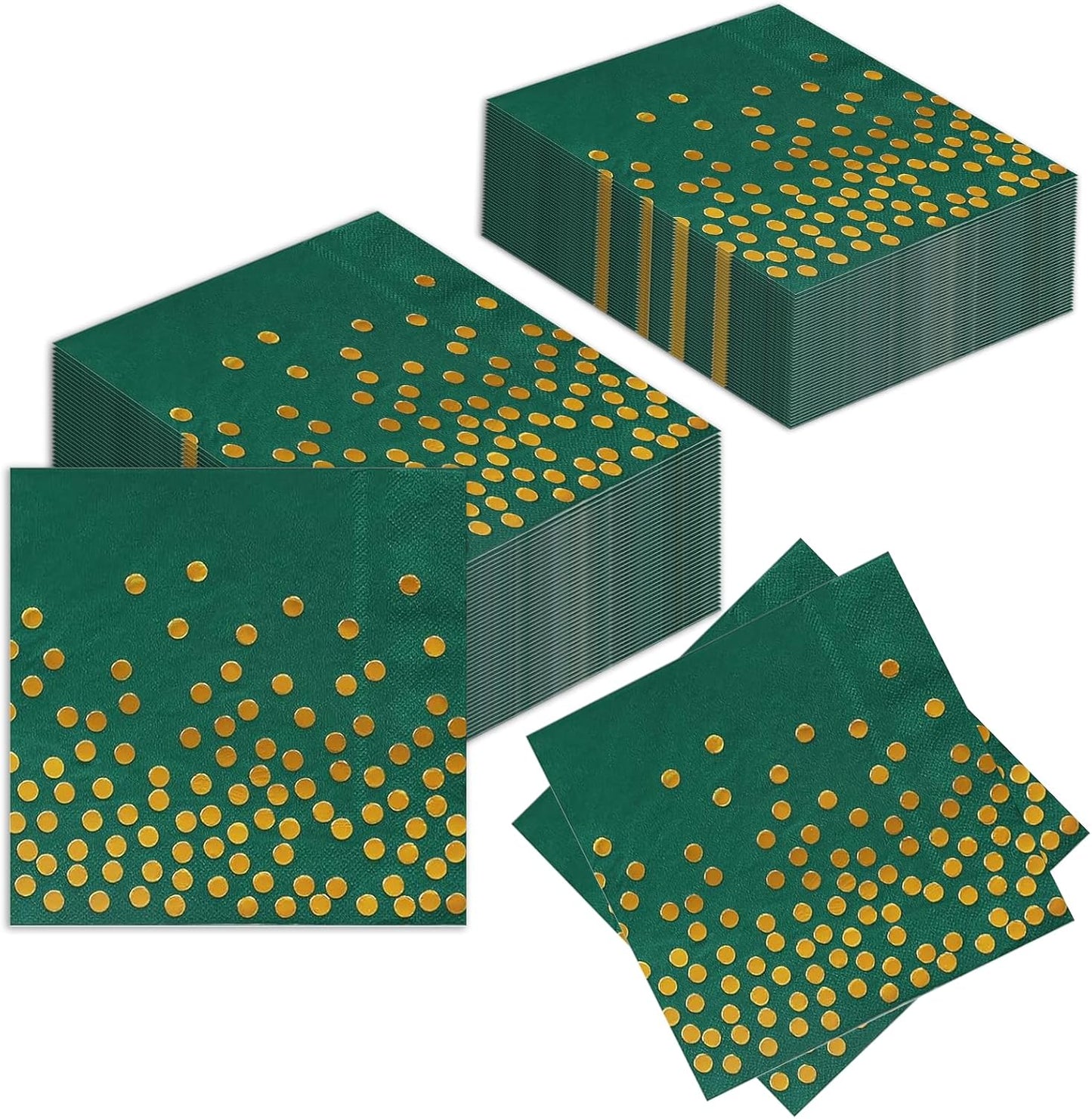 100 Pack 6.5x6.5 Inch Disposable Green and Gold Cocktail Napkins