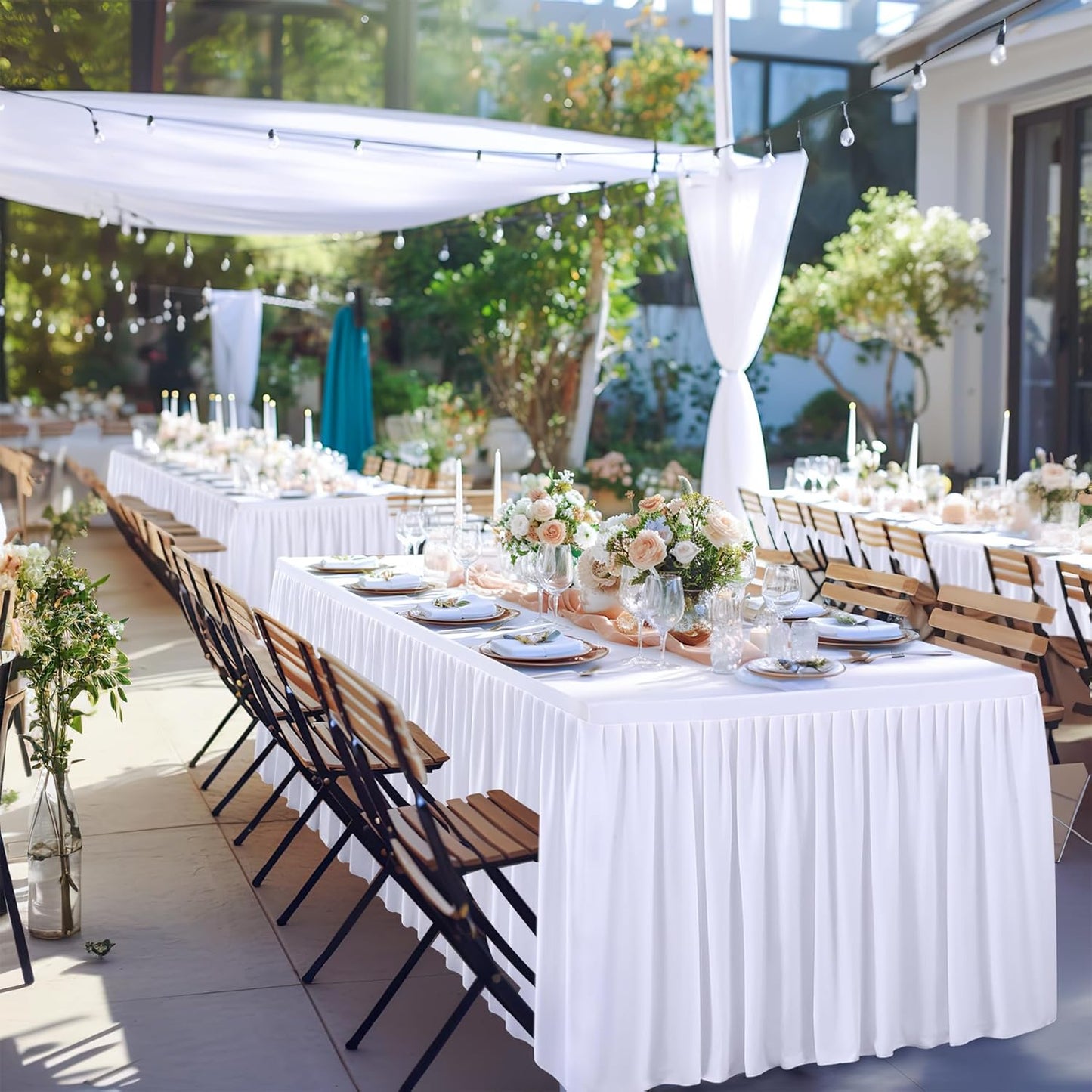 White Polyester Table Clothes for 4 Foot Rectangle Tables, Wrinkle Free Fitted Table Cover 4ft Stretch Tablecloths with Skirt for Parties Weddings Birthday Banquet Baby Shower