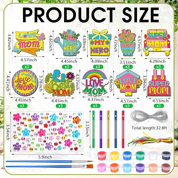 DoubleFill 30 Pack Wind Chime Kit Make You Own Mother's Day Wind Chimes Crafts DIY Coloring Wooden Mother's Day Craft for Mom's Birthday Gifts Party Decoration Art Hanging Ornaments