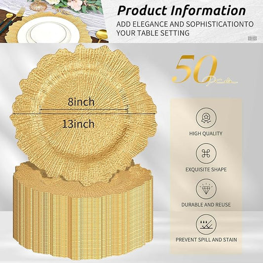 Pesonlook 50Pcs Gold Charger Plates Round 13inch, Reef Plate Chargers for Dinner, Bulk Plastic Floral Table Charger Plates for Dinner Wedding Party Event Table Setting Decoration(Gold)
