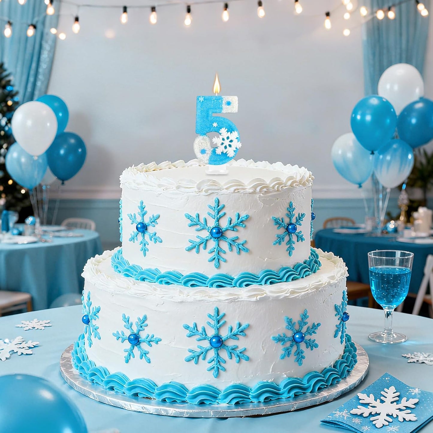 Frozen Birthday Party Decorations, Number 5 Birthday Candle, Frozen Birthday Party Favors, Happy Birthday Candle for Cake, Blue Snowflake Cake Topper Decoration for 5th 5 Year Old Party Favor Supplies