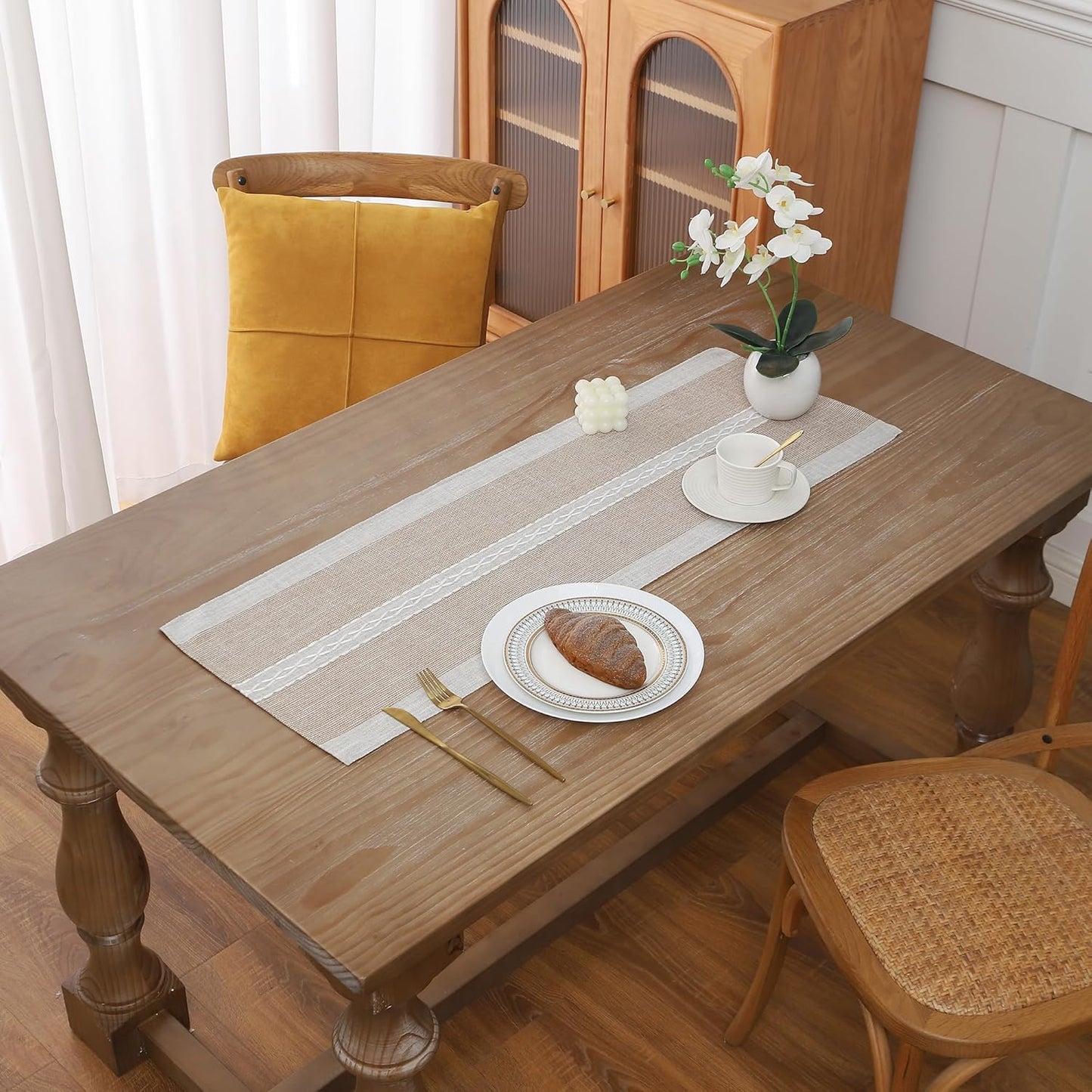 Gernaice Boho Table Runner, Rustic Cotton Linen Farmhouse Table Runners for Dresser End Coffee Table Home Decor, 24" L X 13" W Brown