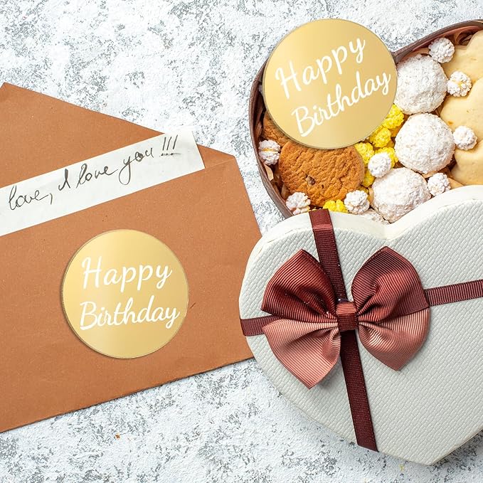 20 Pieces Happy Birthday Acrylic Cake Topper Round, Gold Disc Circle Engraved Personalized Mini Custom Mirror Set for DIY Cupcake Decoration