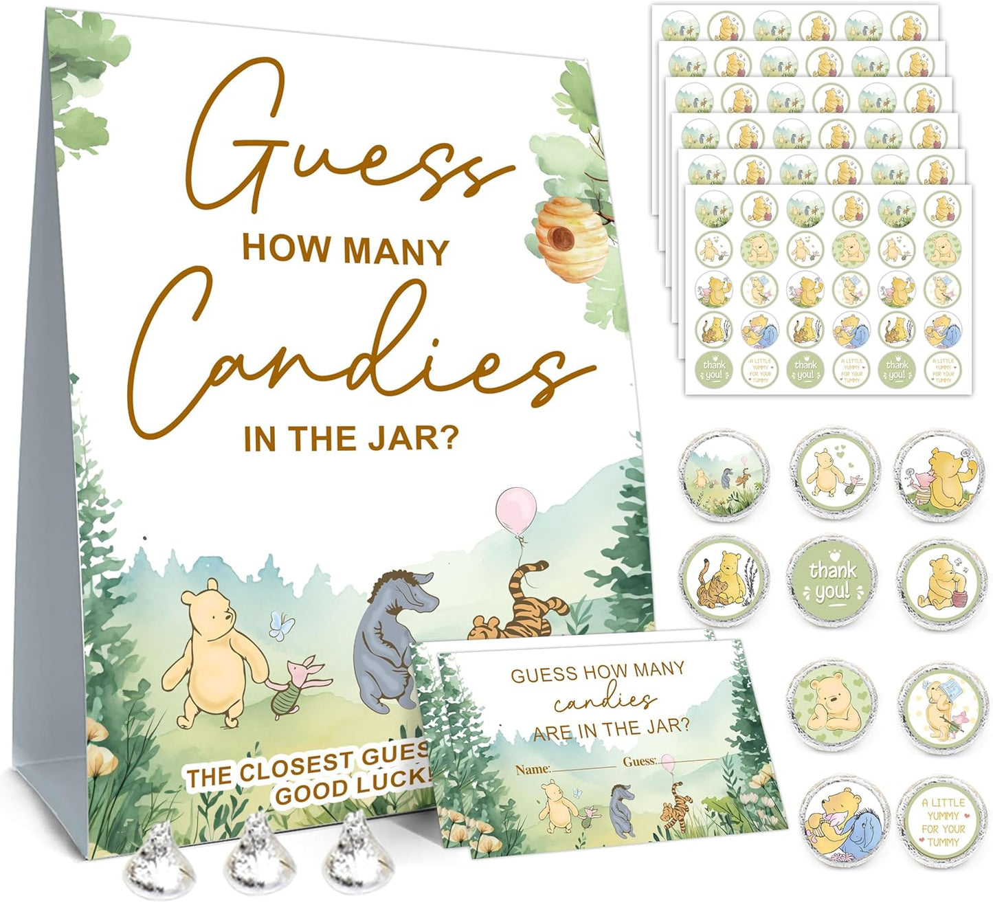 ALodr Winnie the Pooh Baby Shower Game: Guess How Many Candies, Standing Sign, 50 Cards, 180 Stickers, All Ages