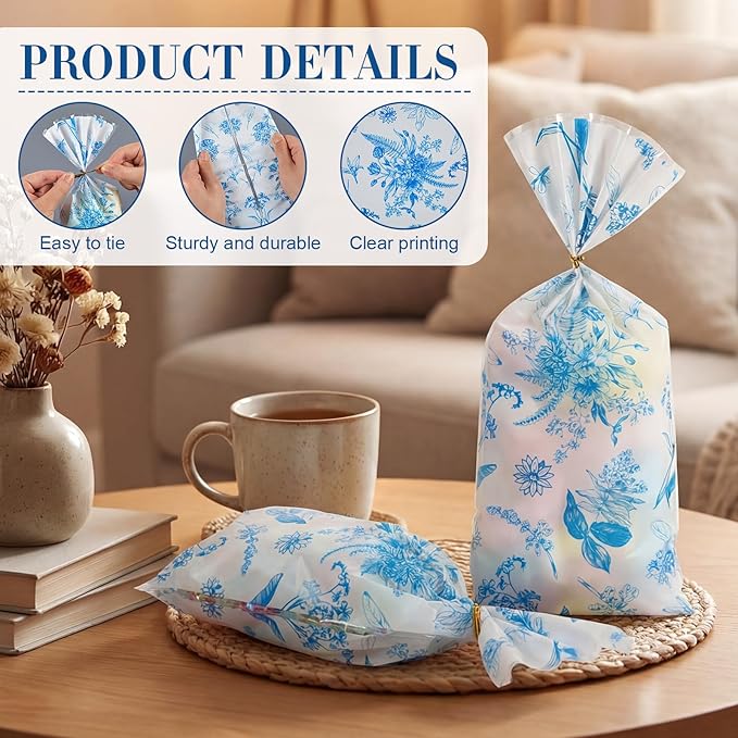 Sweetude 100 Pcs Wildflower Party Cellophane Treat Bags Candy Plastic Clear Goody Bags Gift Supplies for Baby Shower Bridal Shower Birthday Wedding Party Favors, 11"x 5" (Blue and White)