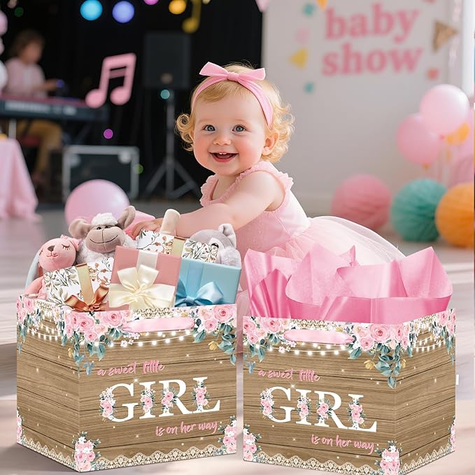Woosytoo Extra Large Rustic Girl Gift Bag, Floral Sweet Baby Girl Square Gift Bag with Tissue Paper A Sweet Little Girl is on Her Way Wrapping Paper Bags for Baby Shower Gender Reveal Party Favors