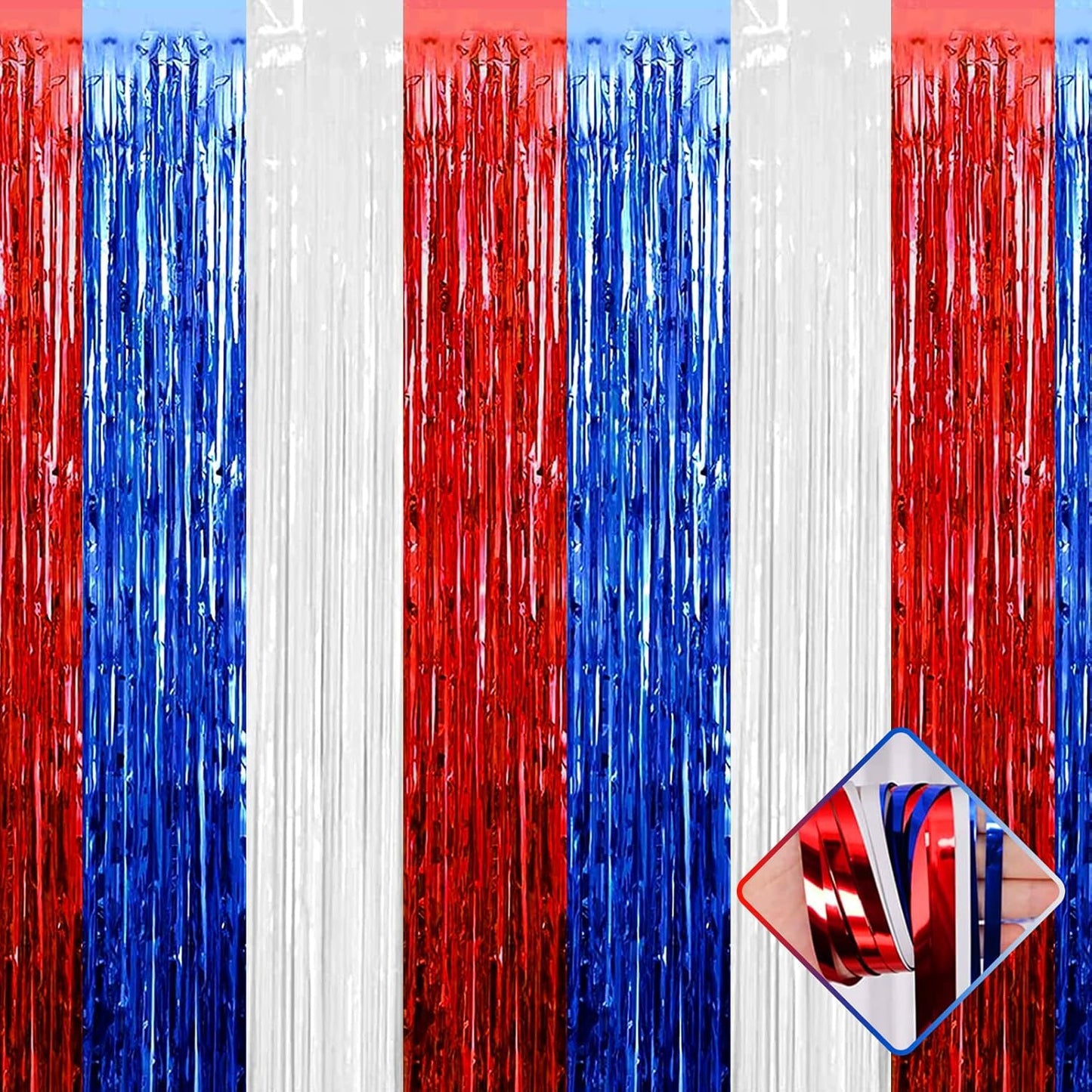 4 Pack 3.2Ft x 6.6Ft Red Blue White Foil Fringe Curtain Backdrop, Metallic Tinsel Foil Fringe Streamers Curtains Background for Photo Booth, Birthday, Wedding, Independence Day Party Decoration