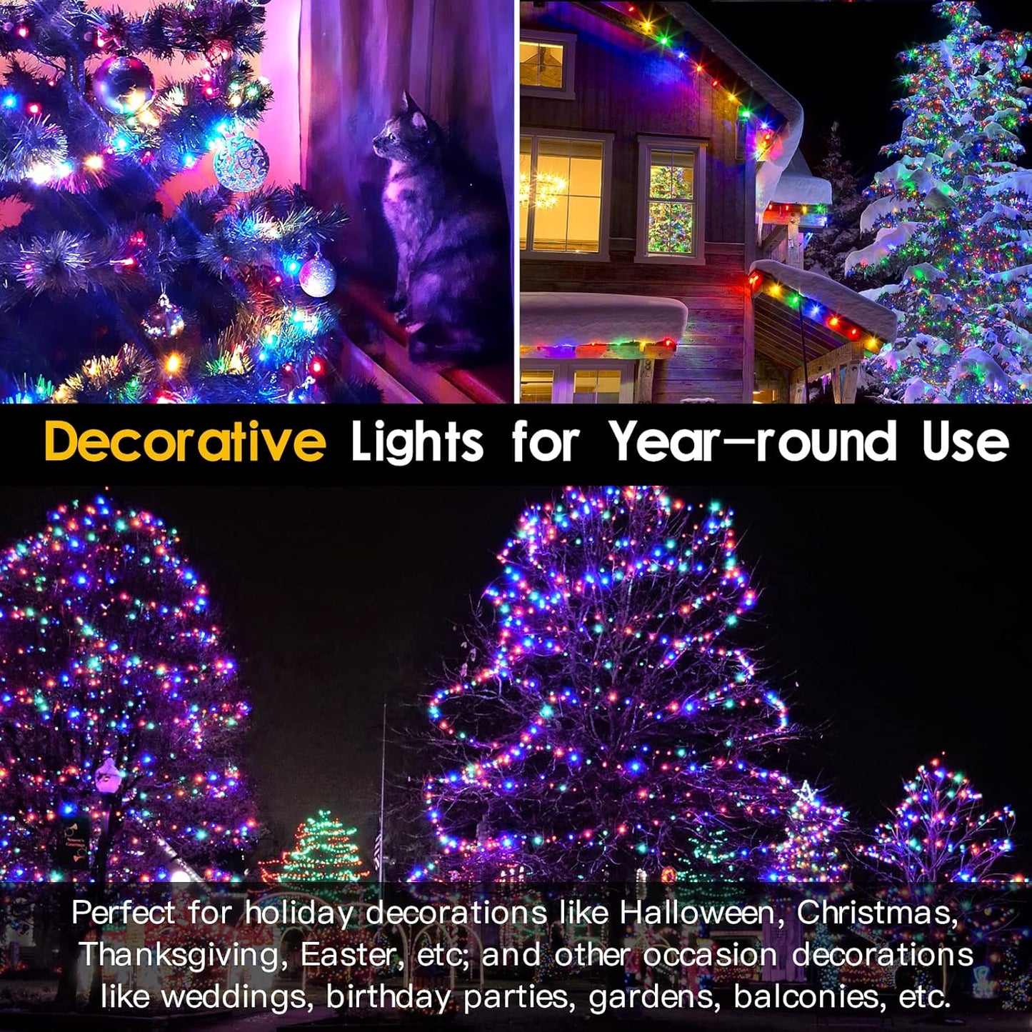 Techip 108FT 300LED Halloween Christmas String Lights Outdoor Indoor Extendable Green Wire Memory Function 8 Modes Waterproof Fairy String Lights for Xmas Tree Holiday Party Garden