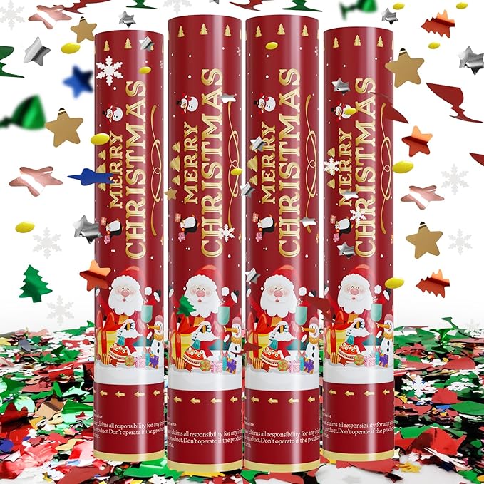 Christmas Confetti Cannon Party Poppers Shooters WORKKEEP Confetti Popper Blaster(4 pack) Xmas Confetti Poppers Compressed Air Popper for Christmas Eve, Christmas Party Decorations Birthday Xmas