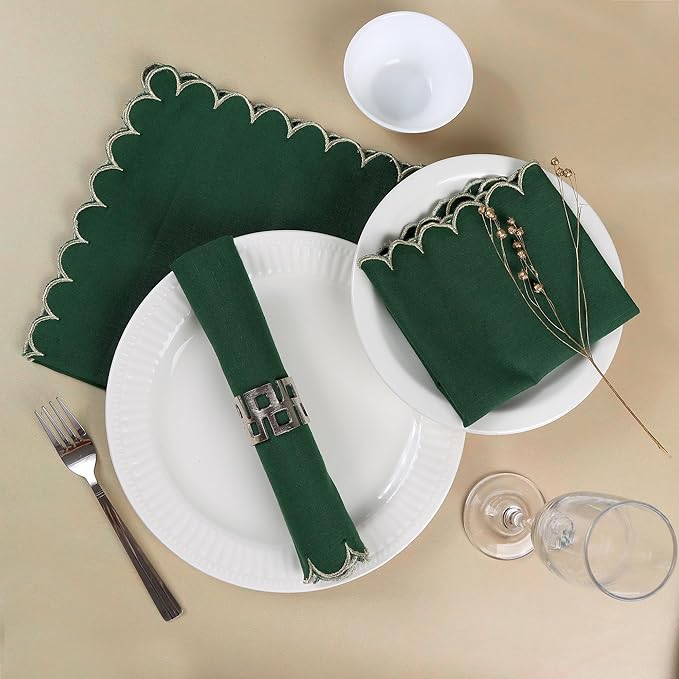 FINGERCRAFT Cloth Napkins, Everyday Use Scallop Design with Golden Zari, Premium Quality Natural Cotton Napkin Cloth Set of 6 Perfect for Parties Dinners Weddings Christmas 20x20 inch Eden Green