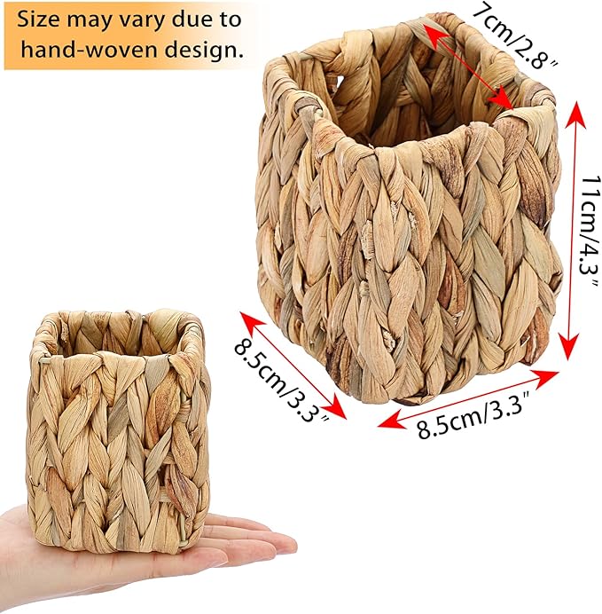 BTSKY 3 Pack Water Hyacinth Pencil Holder, Handmade Wicker Pen Cup Makeup Brushes Holder, Pen Pencil Cup Organizer Chic Woven Desktop Accessories Pens Container Box for Office Home Desktop, Square