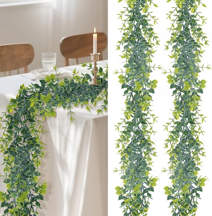 2 Pcs Eucalyptus Garland - Artificial Eucalyptus Vines Garlands Artificial Greenery Garland for Decoration Green Fake Vines for Wedding Backdrop Fireplace Wall Table Porch Staircase Decor