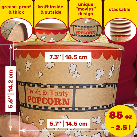 CUSINIUM [85 oz] 25-pack Kraft Popcorn Buckets - Large Popcorn Tubs