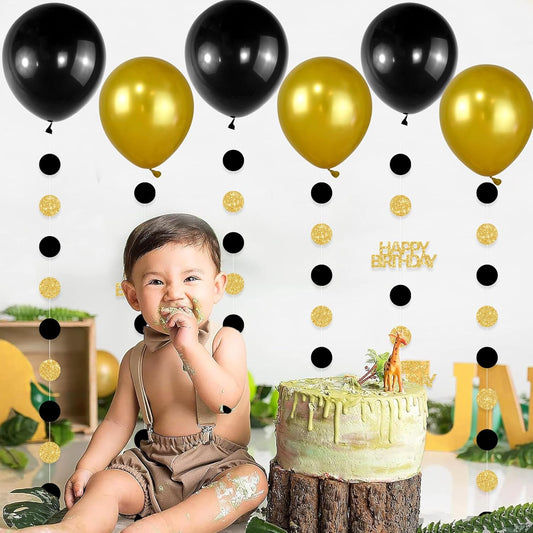 Gold and Black Happy Birthday Decorations, 6PCS Glittery Circle Dots Garland and 6PCS Gold/Black Balloons for Birthday Party Decor Balloon Tails
