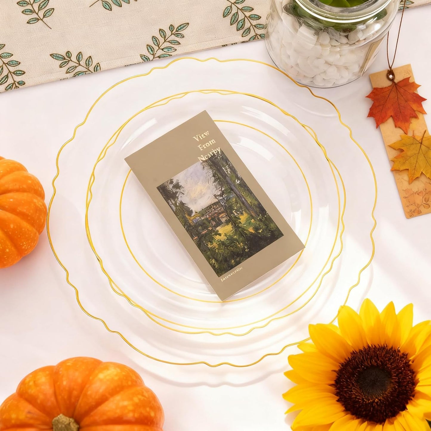 WDF 100pcs Clear Disposable Plastic Plates With Gold Trim - Baroque Clear Gold for Parties or Wedding or Thanksgiving - including 50PCS Dinner Plates 10.25inch and 50PCS Salad Plates 7.5inch