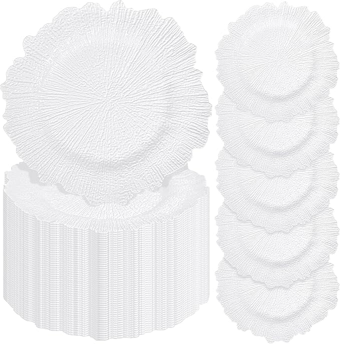 Pesonlook 50Pcs White Charger Plates Round 13inch, Reef Plate Chargers for Dinner, Bulk Plastic Floral Table Plates for Dinner Wedding Party Event Table Setting Decoration(White)