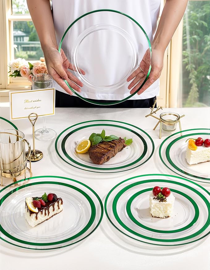 WDF 12 Inch Green Charger Plates - Charger Plates Bulk - 25Pack Plastic Clear and Green Charge Plate Perfect for Dinner/Wedding/Party/St. Patrick's Day/Easter