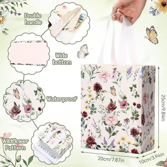 Supervitae 24 Pack Wildflower Theme Gift Bags Medium Floral Party Favor Bags Vintage Reusable Totes Non Woven Goodie Totes for Wedding Birthday Baby Shower Family Holiday Travel(9.8" x 7.9" x 3.9")