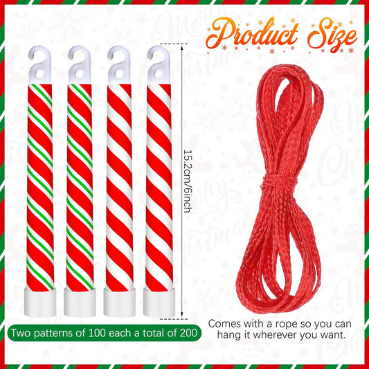 Soulchen 200 Pcs Christmas Glow Sticks Bulk 6 Inch Light up Candy Cane Sticks with Lanyard Christmas Party Favors Camping Emergency Outdoor Light Survival Kit