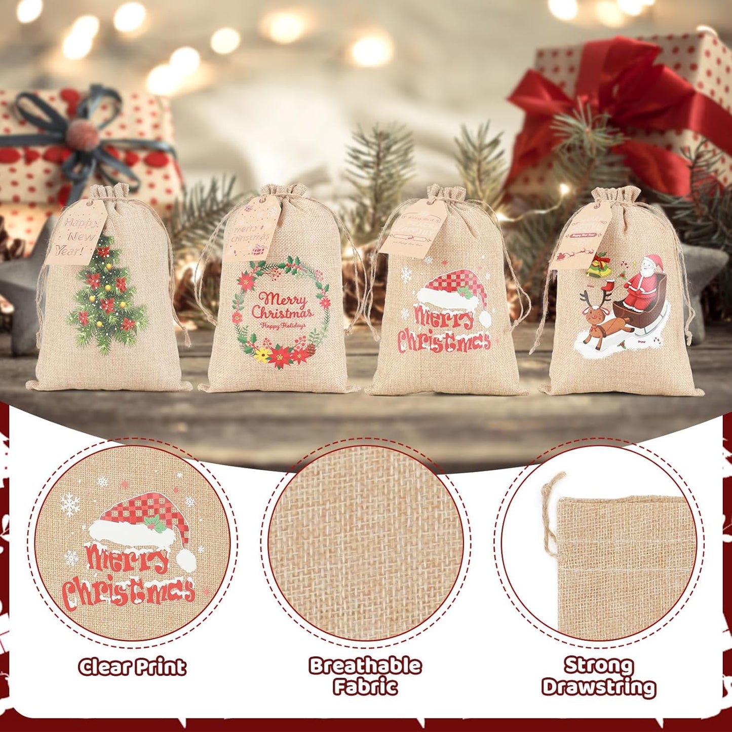 Tapleap Burlap Coth Christmas Bags with Drawstring, 7x10 Inches (Lot of 40) with Tags, String, for Wrapping Christmas Party Favors or Gifts for Coworkers, Classmates, and Friends