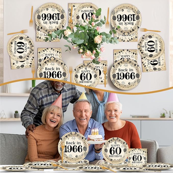 96Pcs 60th Birthday Party Paper Plates and Napkins for Back in 1966 Themed Party Supplies Vintage 60 Year Old Dessert Plates 60th Tableware for Men Women Birthday Gatherings Decorations