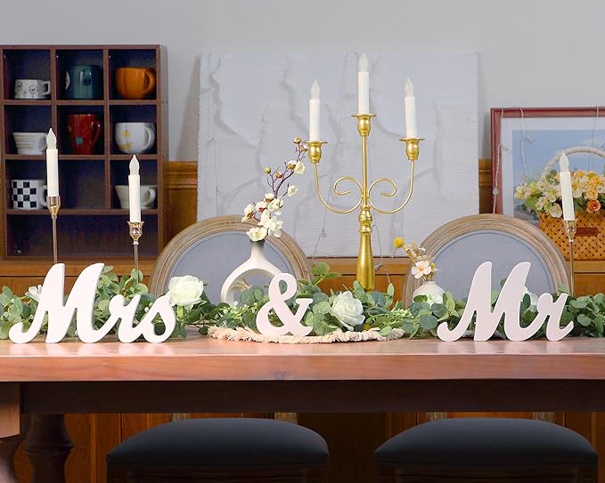 2pcs Large White Mr & Mrs Sign for Wedding Table with 5.91ft Artificial Flowers Garland, Wedding Centerpieces Wooden Bride and Groom Table Decorations for Engagement Decor(White Rose)