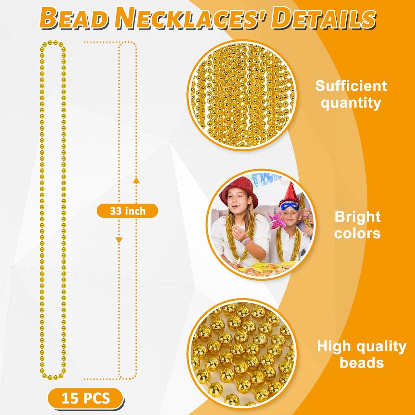 15PCS Mardi Gras Beads, Gold Bead Necklaces Accessories Stuff, 33" Mardi Gras St Patricks Day Necklace Costume, Festival Parade Throw Wedding Birthday Pirate Party School Activity Supplies Decor