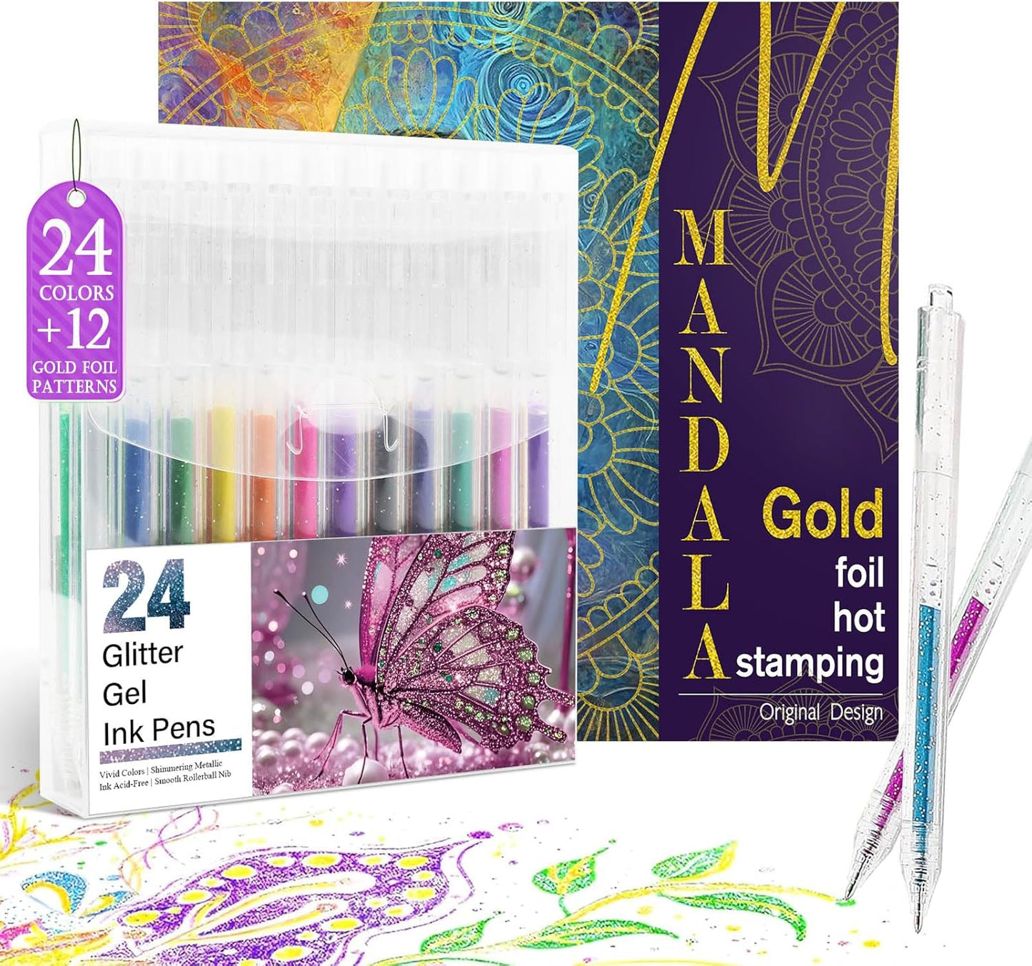 Adult Coloring Book for Women Relaxation, Gold Foil Mandala Coloring Book Set with 24 Colors Retractable Glitter Gel Pens, 12Pcs Premium Single-Sided Paper Portable Gift for Adults Includes Gift Bag