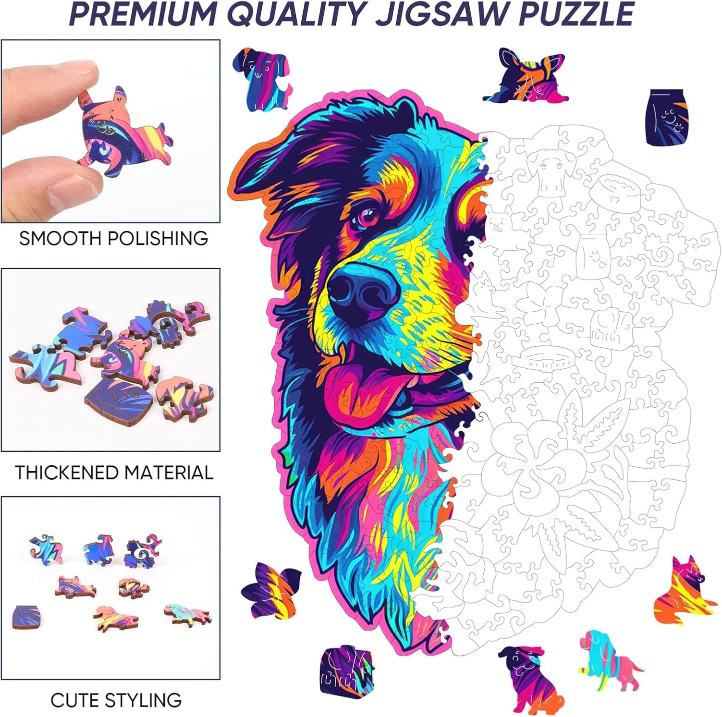 Reouinty Australian Shepherd Dogs Wooden Puzzle 500 Pieces Stained Colorful Art Painting Jigsaw Puzzle for Adults, Birthday Mother's Father's Day Christmas for Family Game (14.9 * 17.1 in)