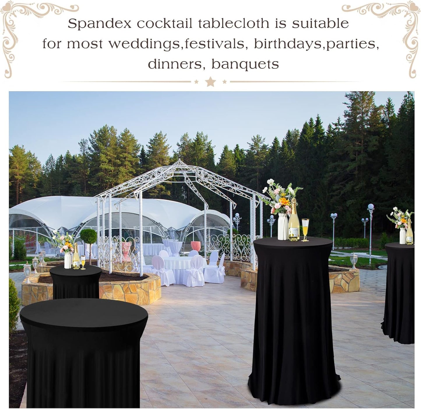 Tegeme 1 Pack 32 x 43 Inch Round Spandex Cocktail Tablecloths with Skirt Cocktail Round Table Cover Spandex Stretch Tablecloth for Fitted High Top Table Bar Wedding Party Banquet (Black)