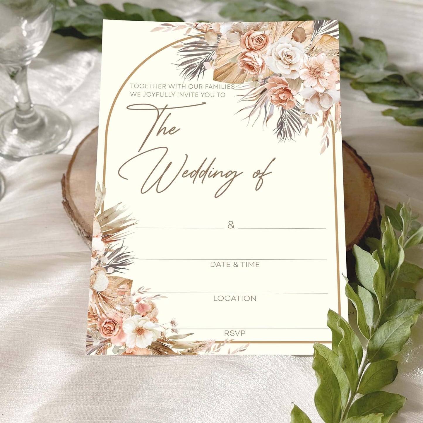 Wedding Invitations With Envelopes And RSVP Cards - Blank Boho Chic Terracotta Floral Wedding Card With Gold Arched Frame - Invitaciones Para Boda Personalizadas Set of 20(4 x 6 Inch)(009)
