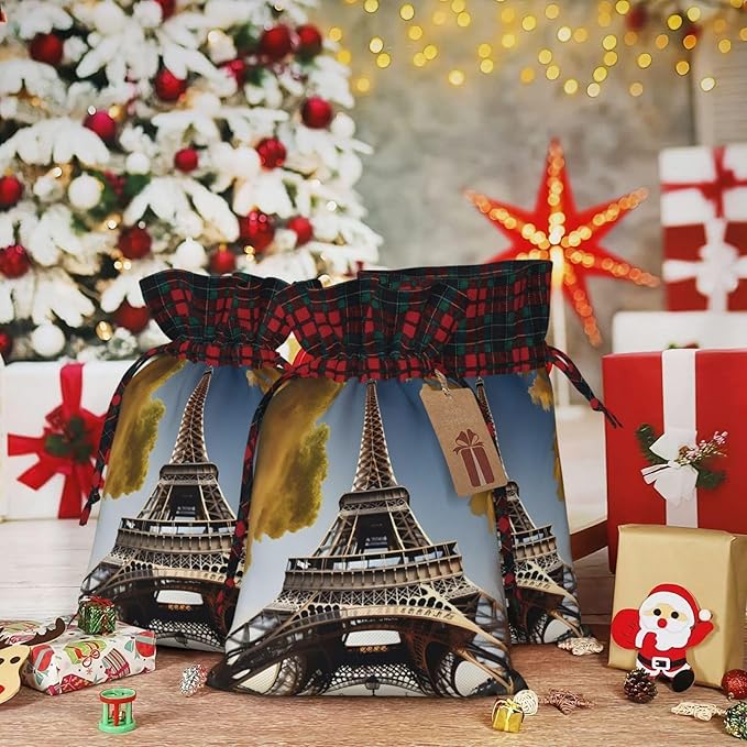 PULaif Cityscape Paris Eiffel Tower France Christmas Drawstring Gift Bags, Large Size Christmas Bags For Gifts Party Favors, Xmas Gift Bags