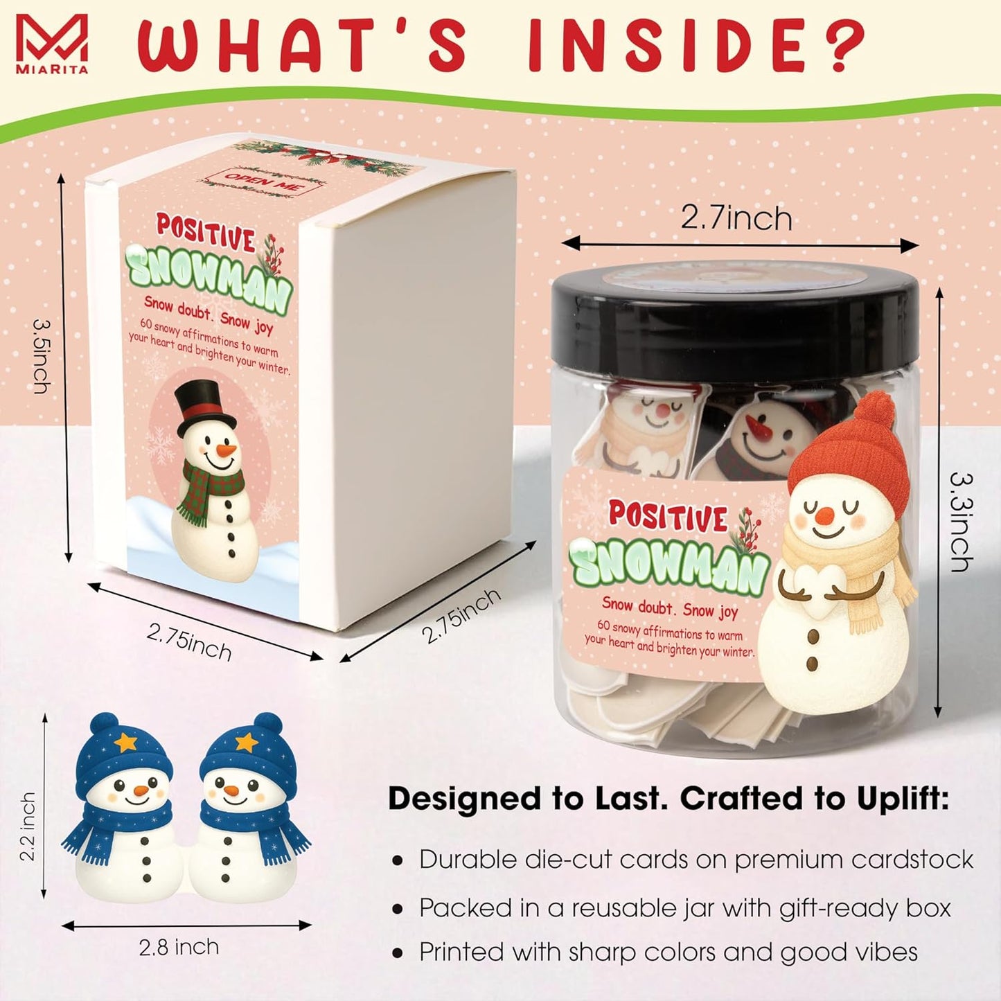 Positive Snowman Jar, 60 Snowy Affirmation Cards, for Women, Men, Teens & Coworkers, Holiday Friendship Gift Idea & Stocking Stuffers, White Elephant