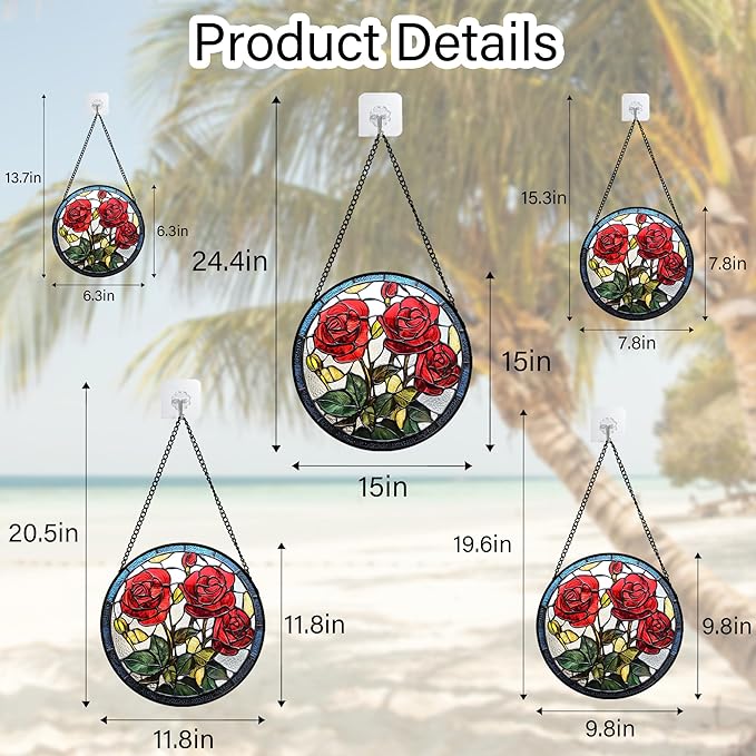 Stained Glass Window Hanging Red Rose Flower 7.8" - Suncatcher Door Garden Sun Catcher Decor Birthday Anniversary Valentines Day Gifts for Woman Wife Men Her Him Lovers Girlfriend
