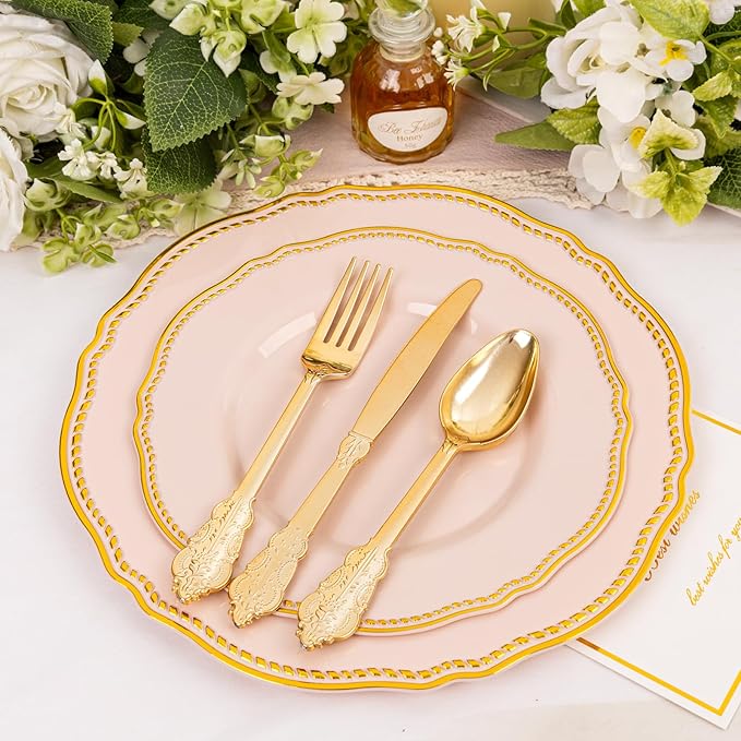 Hioasis 60pcs Pink Plastic Plates - Pink and Gold Disposable Dinnerware with Gold Rim, Heavy-duty, 7 inch, Dessert Plates for Party & Easter
