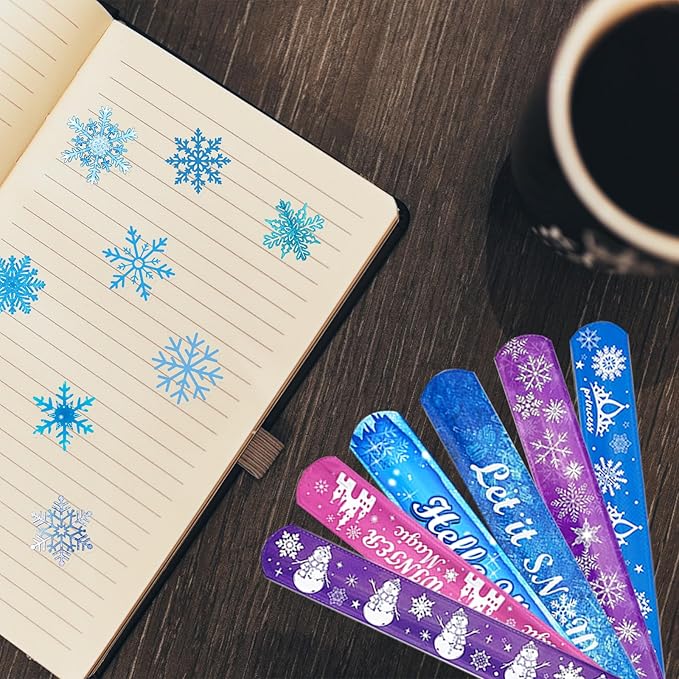 74Pcs Snowflake Theme Party Favors Contain 24 Pcs Snowflake Theme Slap Bracelets 50Pcs Snowflake Theme Stickers, Ice and Snow Theme Birthday Party Decorations