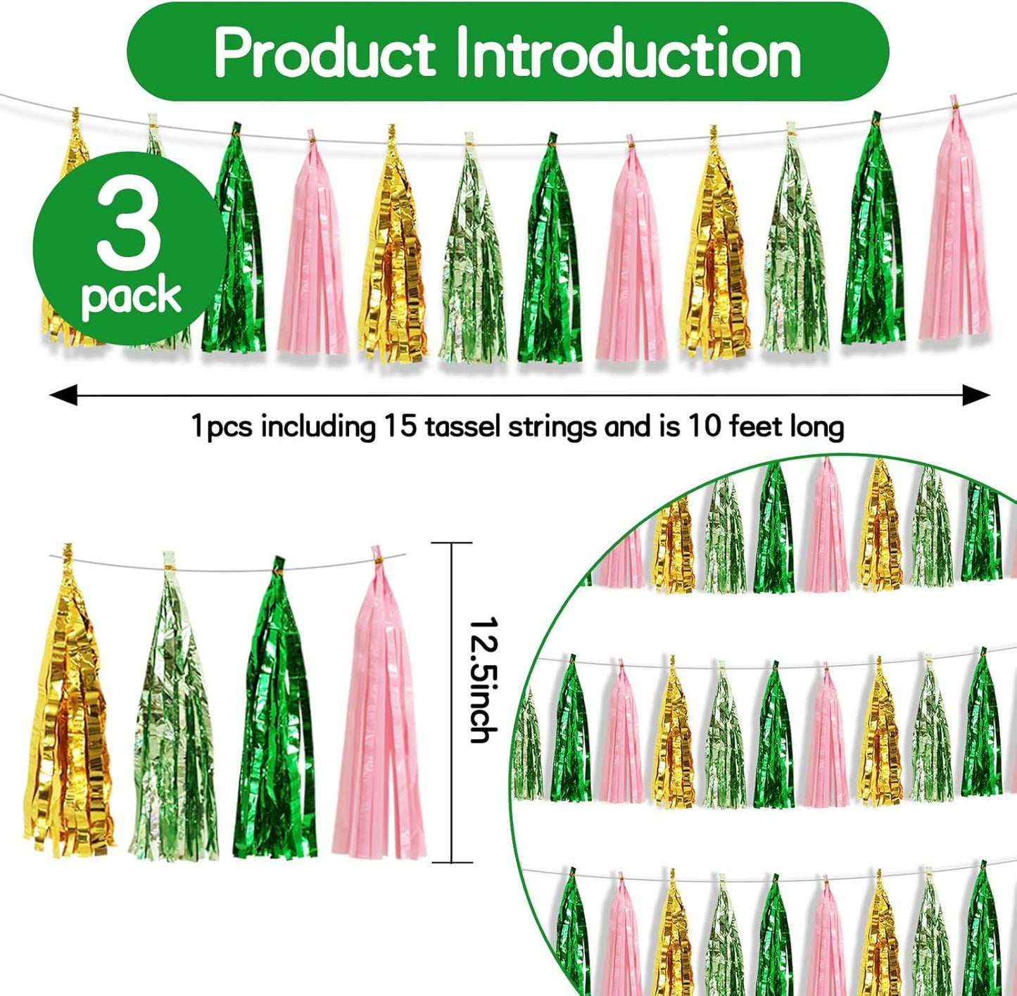 BEISHIDA 3 Packs Green Gold Pink Metallic Foil Fringe Tassel Garland, Tassels Banner Streamers for Car Floats Bridal/Baby Shower Birthday Wedding Halloween Christmas Holiday Party Decoration