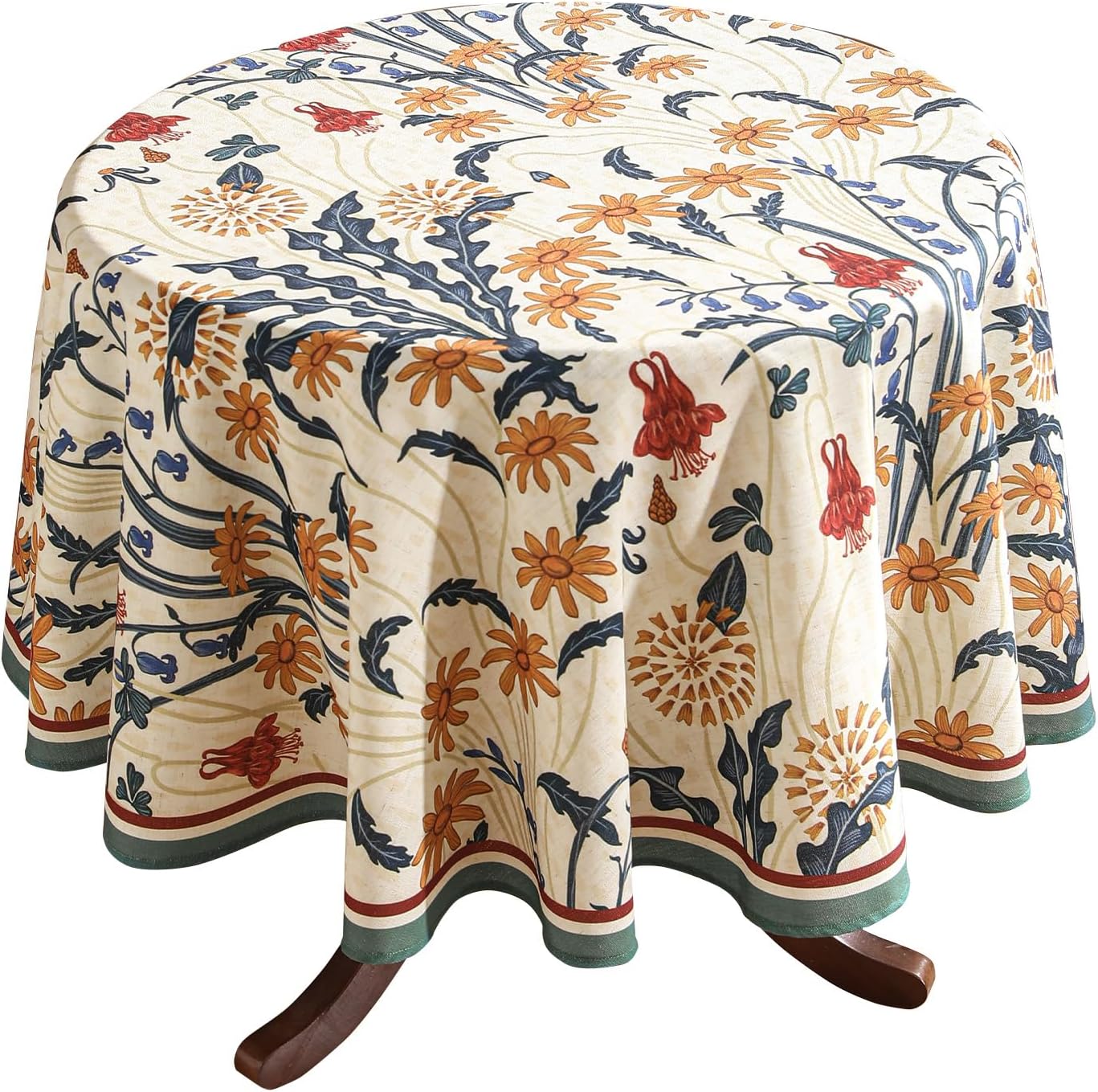 French Vintage Round Tablecloth,Linen Tablecloth with Gold and Red Floral Pattern,Decorative Table Cover for Kitchen,Dining,Thanksgiving,Christmas,Party,Diameter 67"-Tijuana