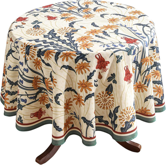 French Vintage Round Tablecloth,Linen Tablecloth with Gold and Red Floral Pattern,Decorative Table Cover for Kitchen,Dining,Thanksgiving,Christmas,Party,Diameter 67"-Tijuana
