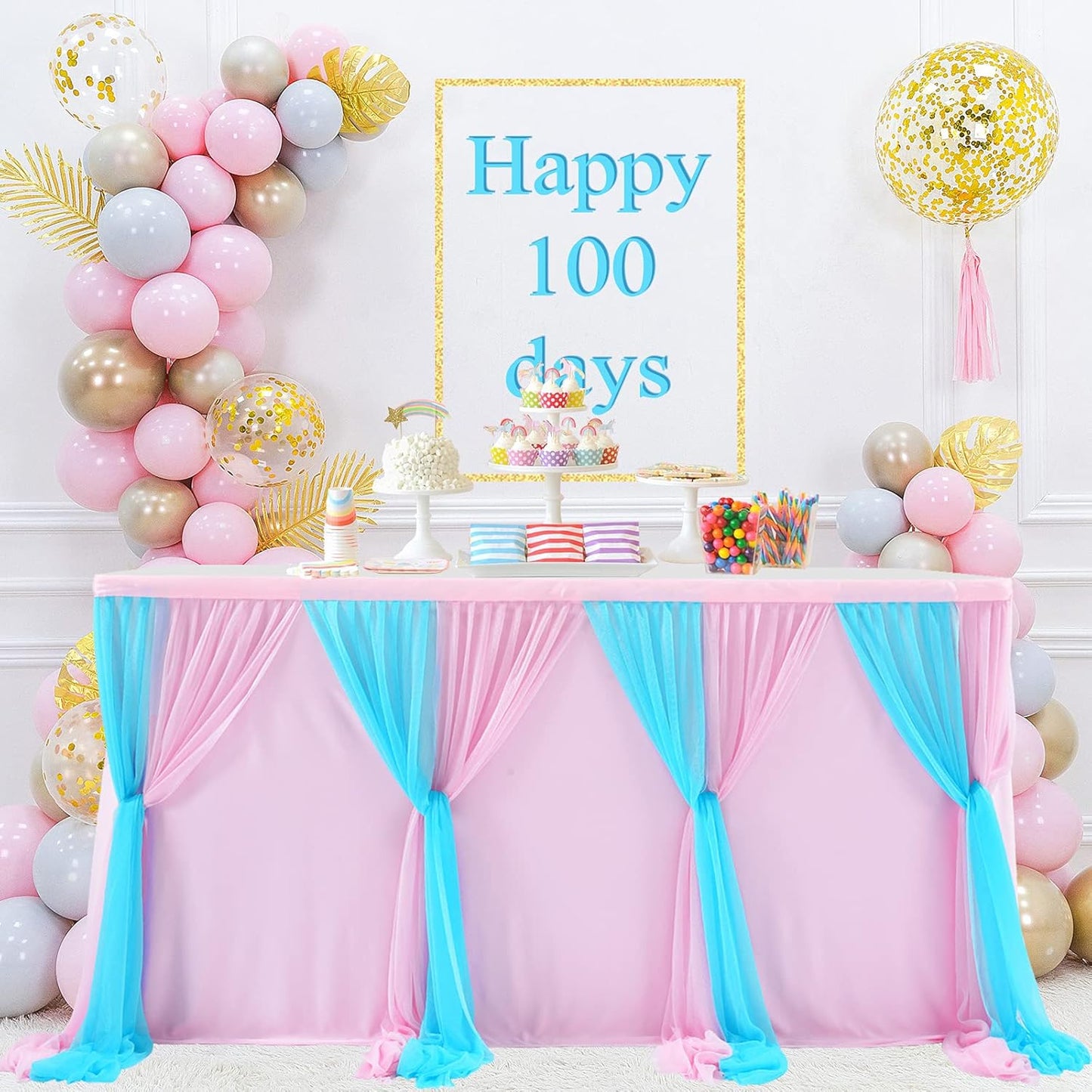6ft Pink and Blue Table Skirt for Gender Reveal Tulle Tutu Table Cloths Cover for Baby Shower Boy or Girl Birthday Party Dessert Buffet Banquet Table Decorations