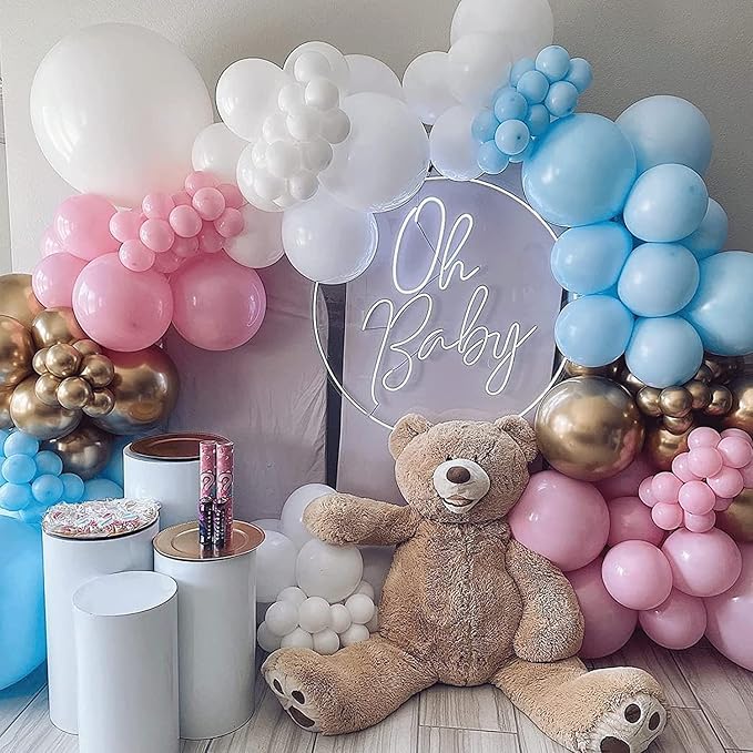 Pink Blue White Balloons,60 Pcs 12 inch Pink Blue and White Pastel Gold Blue Confetti Latex Balloons with 2rolls 33ft Ribbon For Birthday Baby Shower Gender Reveal Party Supplies and Decorations