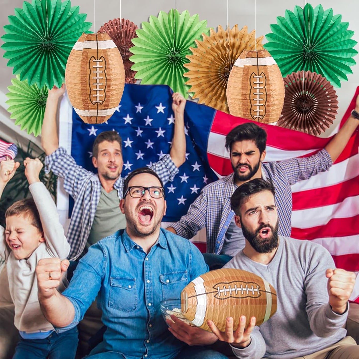 Football Party Decorations, Super Bowl Party Decorations, Football Paper Lanterns and Green Brown Hanging Paper Fans, for Boy's First Year Down Birthday Party Decorations