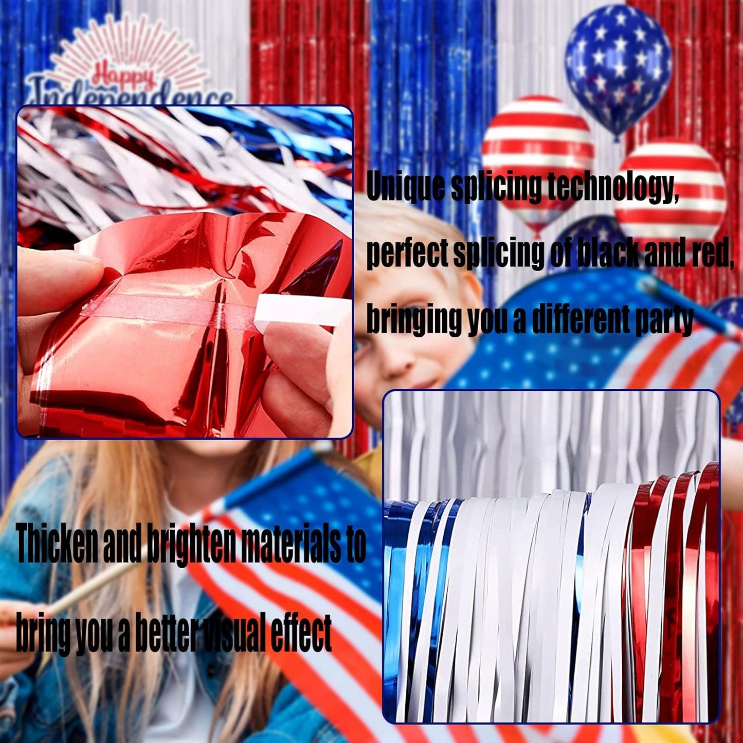 4 Pack Red Blue White Foil Fringe Curtain Backdrop, 3.28Ft x 6.56Ft Metallic Tinsel Foil Fringe Streamers Curtains for Photo Booth, Wedding, Mardi Gras, Birthday, Independence Day Party Decoration