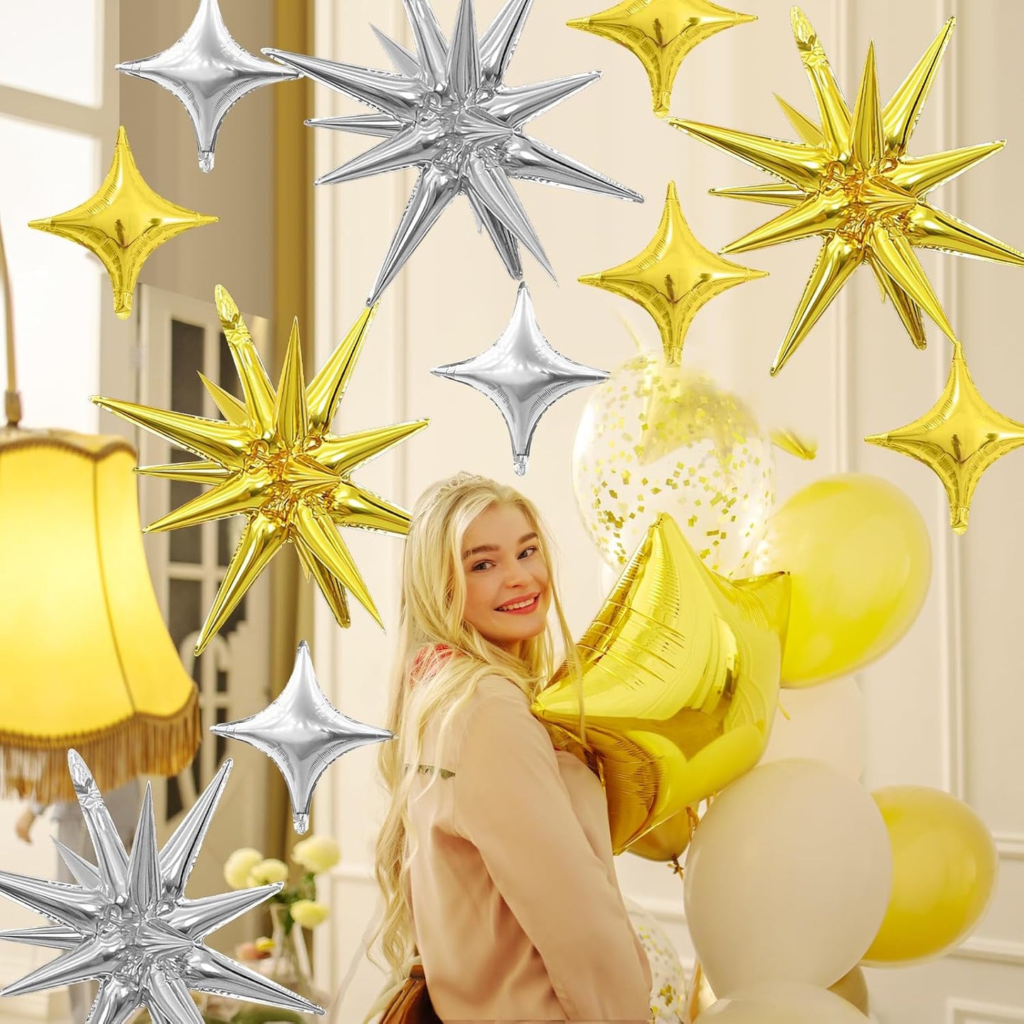 Gold Silver Star Balloons,Explosion Star Balloons Kit with 6Pcs 22Inch Cone Star Foil Balloons and 10Pcs 10Inch Four Pointed Star Balloons for Birthday Anniversary Disco Party Decorations