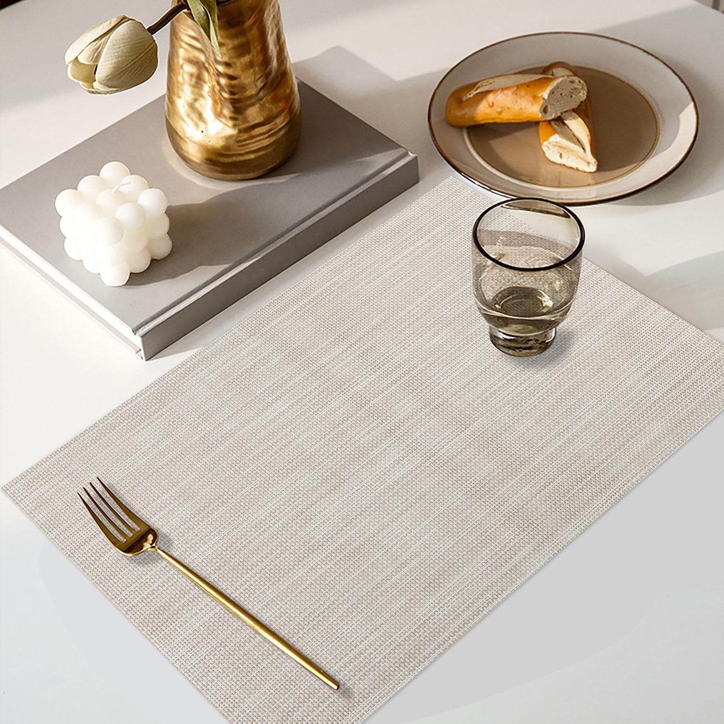 Vinyl Placemats Set of 4, PVC Woven Washable Non-Slip Table Mats, Heat Resistant Wrinkle Free Place Mats for Dining Table, Easy to Clean (4, Beige)