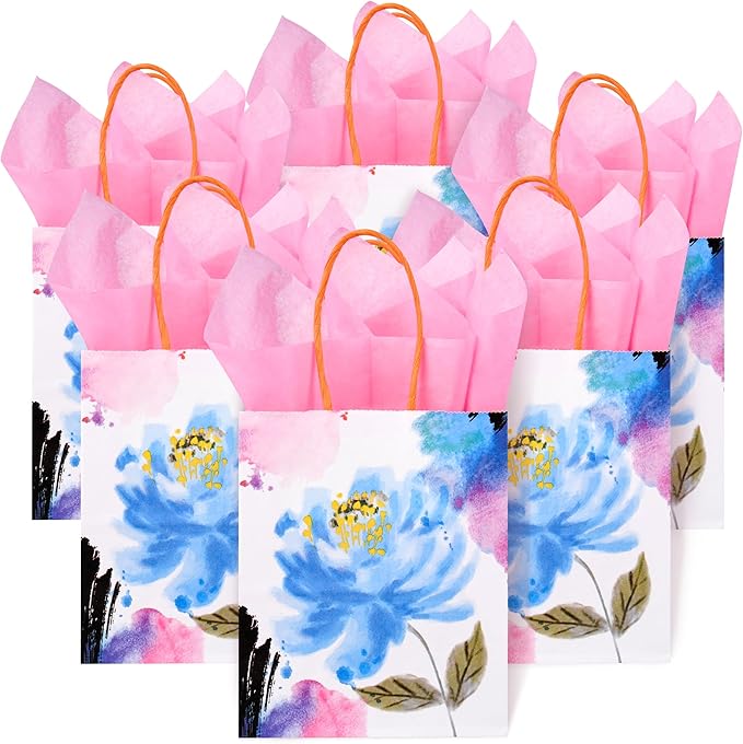 24 Pack Mini Watercolor Floral Paper Gift Bags Small Pink Party Favor Bags with Handles and Tissue Paper for Wedddings, Bridal Baby Showers, Birthdays, Valentines, Mother's Day, 6.5x5.5x3 Inch
