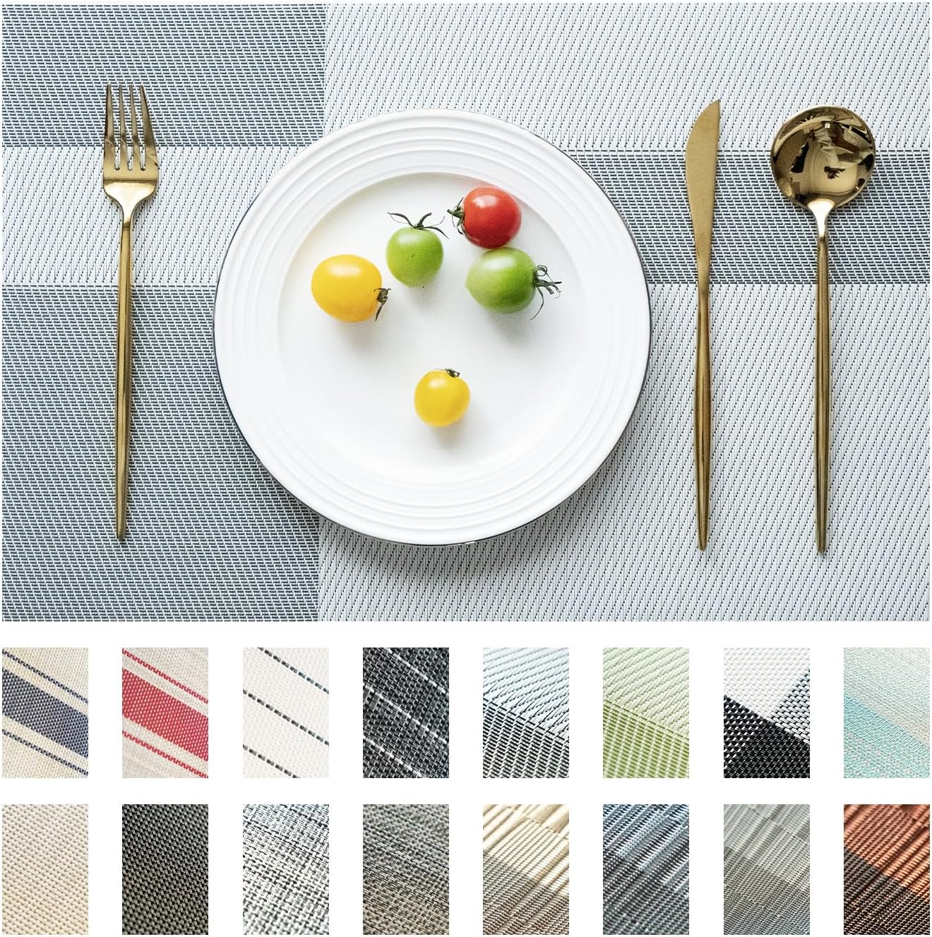 Placemats Set of 8 Vinyl/Plastic Woven Place Mats for Kitchen Table Indoor/Outdoor Washable Placemat Wipeable Dining Table Mats (Silver Cube,8)